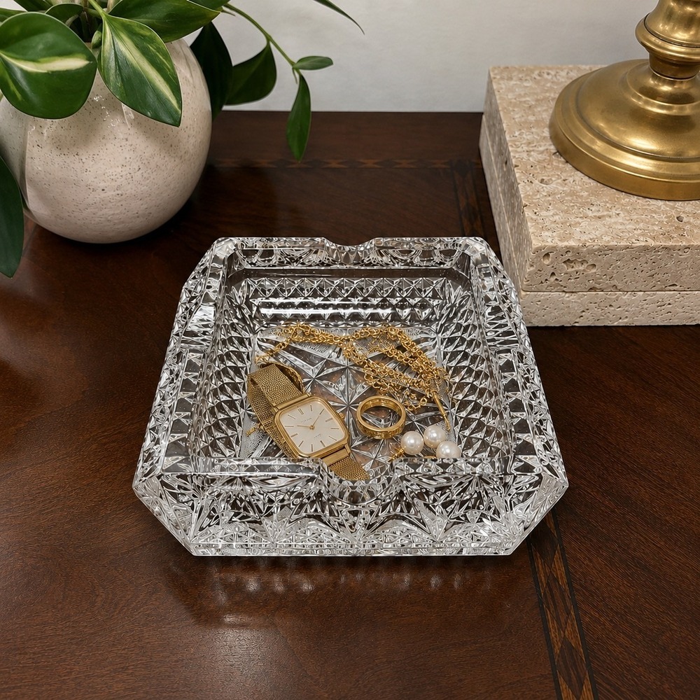 Vintage Lead Crystal Starburst Ashtray Catchall Trinket Dish Hollywood Regency